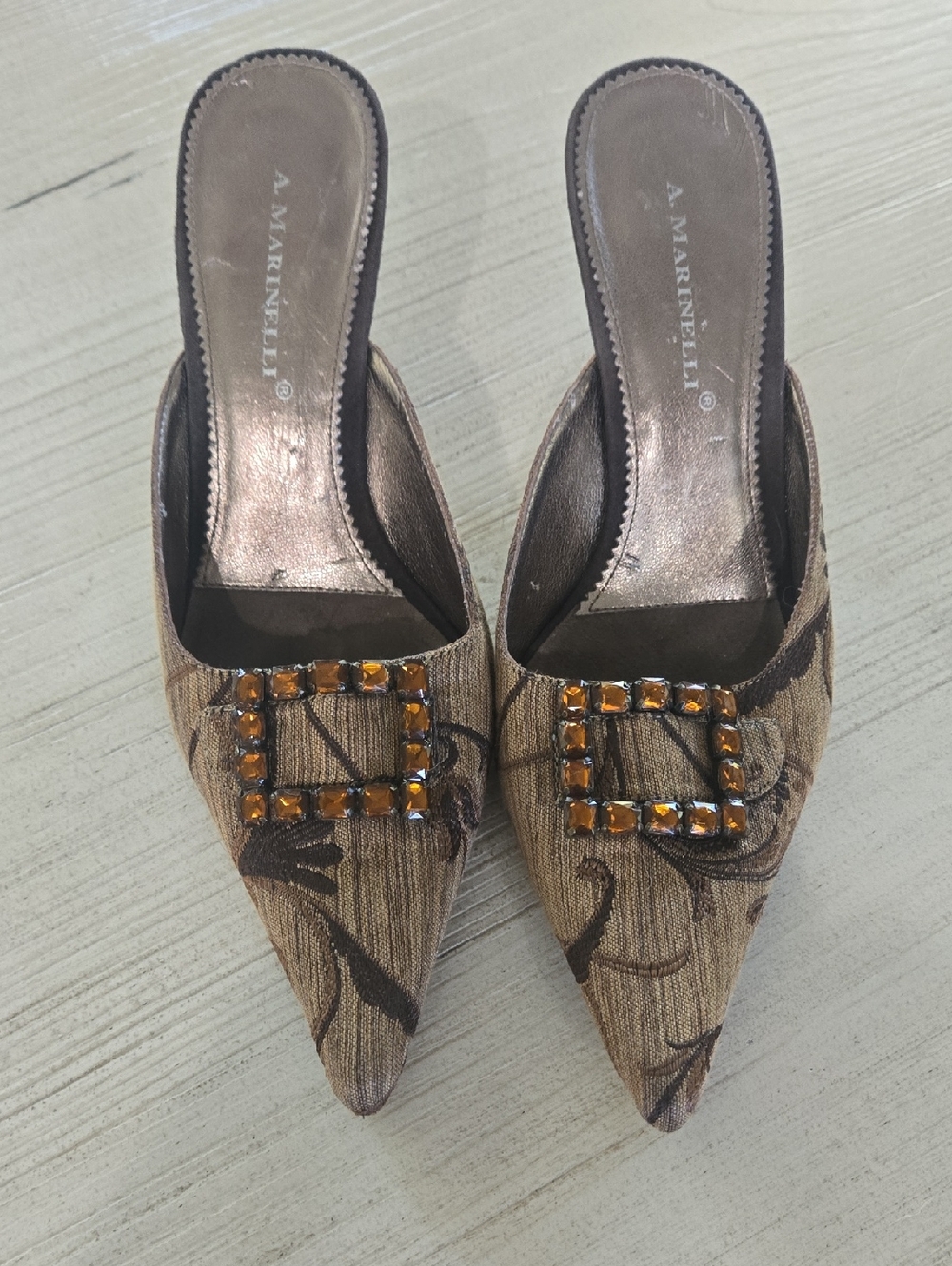 A. Marinelli Tan Embellished Pointed-Toe Mule